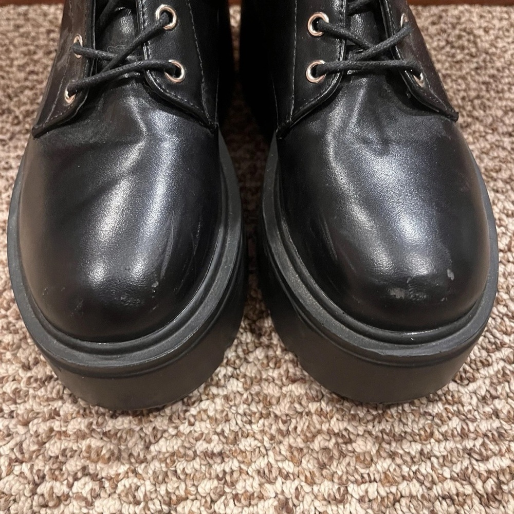 SHEIN Black Faux Leather Lace Up Platform Combat Boots - Picture 4 of 16